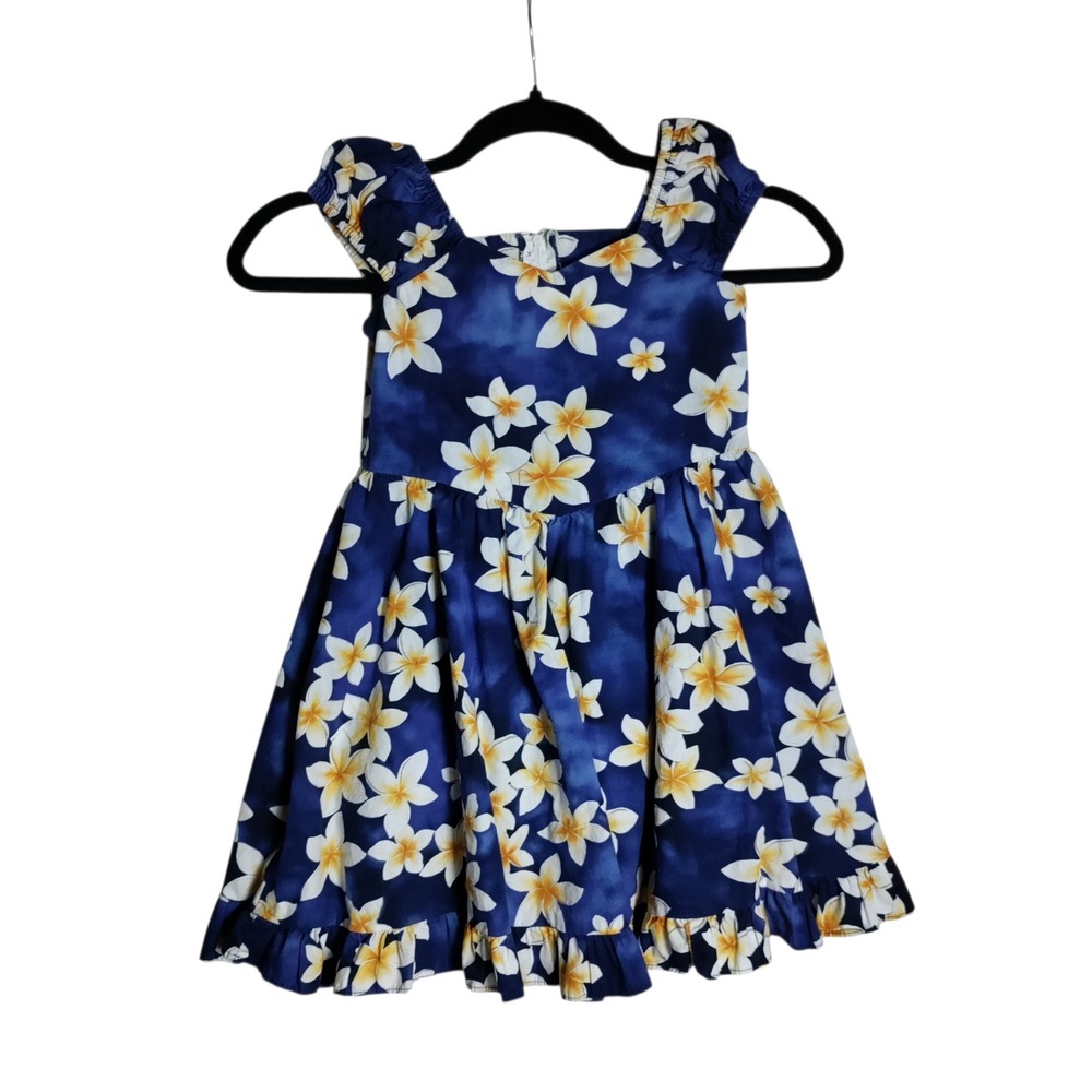 Royal Hawaiian Creations Girls Blue Plumeria Floral Aloha Dress Size 6 Hawaii